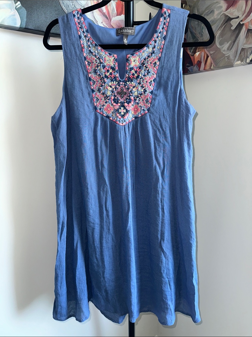 Luxology Periwinkle Sleeveless Tunic with Pink Floral Embroidery